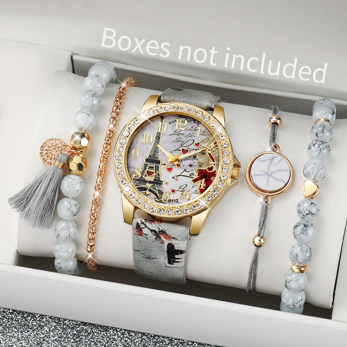 Fashion Rhinestone Women's Quartz Watch Set with Floral Design - Smarsty