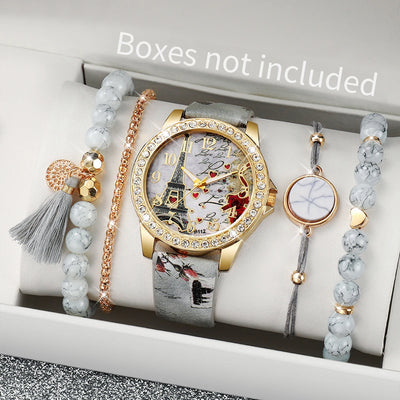 Fashion Rhinestone Women's Quartz Watch Set with Floral Design - Smarsty