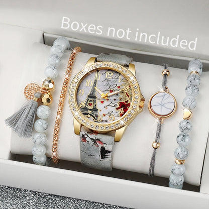 Fashion Rhinestone Women's Quartz Watch Set with Floral Design - Smarsty