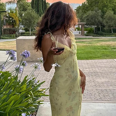 Cryptographic Summer Floral Print Plunge Maxi Dress Outfits Sexy Backless Fairy Sun Dresses Vacation Beachwear Vestido Coquette - Smarsty