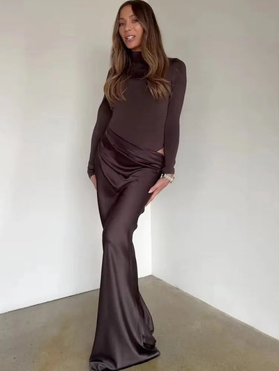 JULISSA MO Patchwork Satin Sexy One Shoulder Women Maxi Dress Brown Sleeveless Evening Dress Summer Slim Elegant Party Clubwear - Smarsty