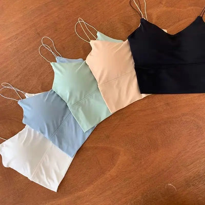 1pc Women Sexy Solid Color Camisole Ice Silk Tube Seamless Sports Tank Top Wireless Underwear Padded Bra Bralette Vest - Smarsty
