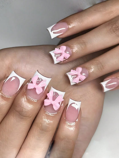 Pink Bowknot Stiletto Press On Nails 24PCS Full Cover - Smarsty
