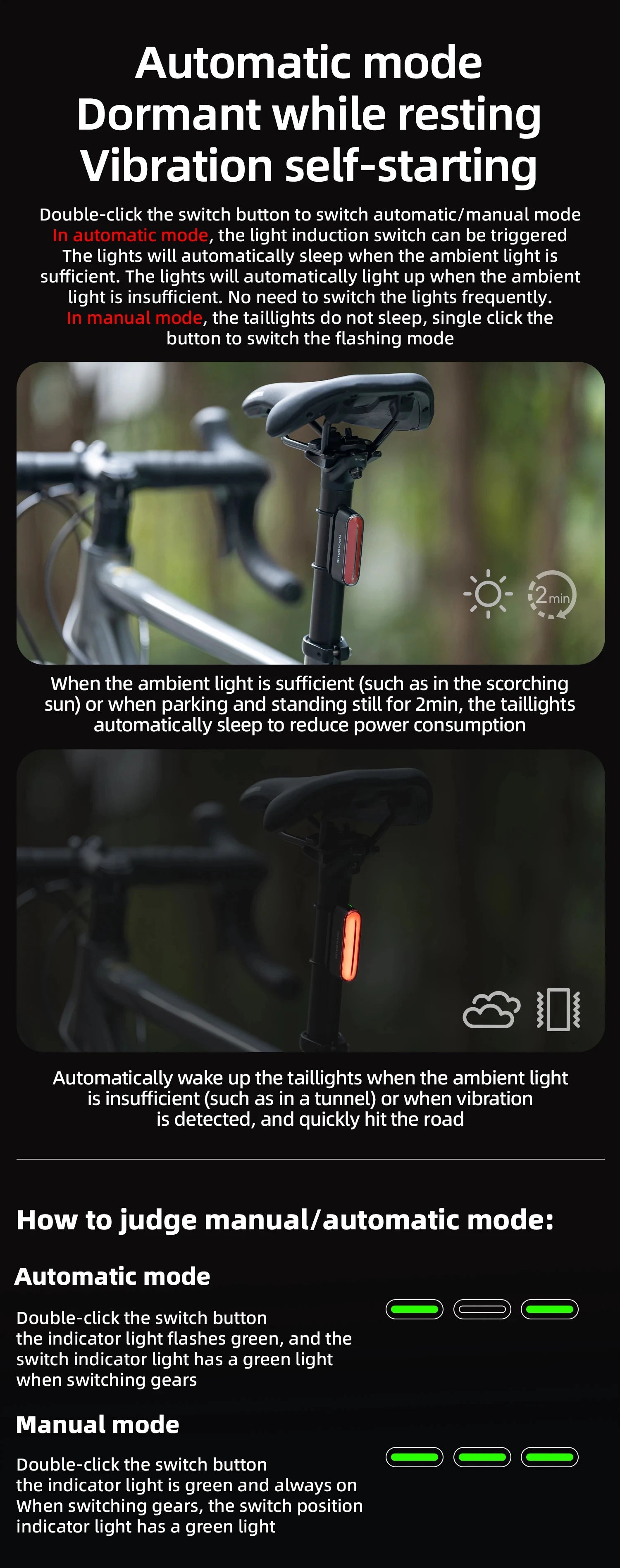 ROCKBROS Bicycle Light Magnetic Smart Tail Light Type-C Charge 7 modes 400mAh LED Lamp Beads Intelligent Brake Sensor Function - Smarsty