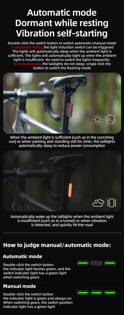 ROCKBROS Bicycle Light Magnetic Smart Tail Light Type-C Charge 7 modes 400mAh LED Lamp Beads Intelligent Brake Sensor Function - Smarsty