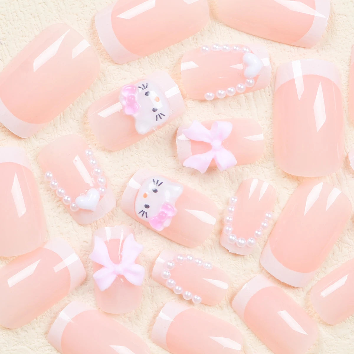 Cute Cartoon Cat Pink French Nail Set - Smarsty