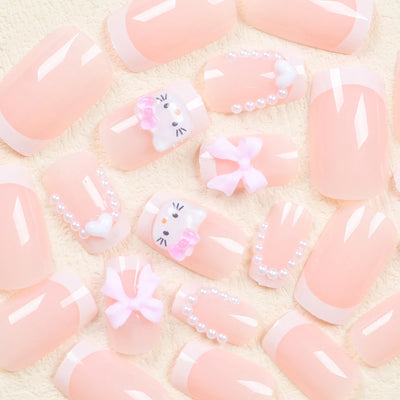 Cute Cartoon Cat Pink French Nail Set for Parties - Smarsty