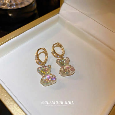 Cute Bear Drop Earrings for Women with Shiny Zircon Finish - Smarsty