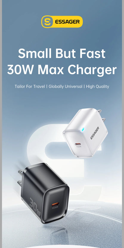 Essager Mini 30W Type C Charger PD QC3.0 Fast Type C Charger For iPhone 16 15 14 13 Pro Samsung S25 Xiaomi iPad Travel Adapter - Smarsty