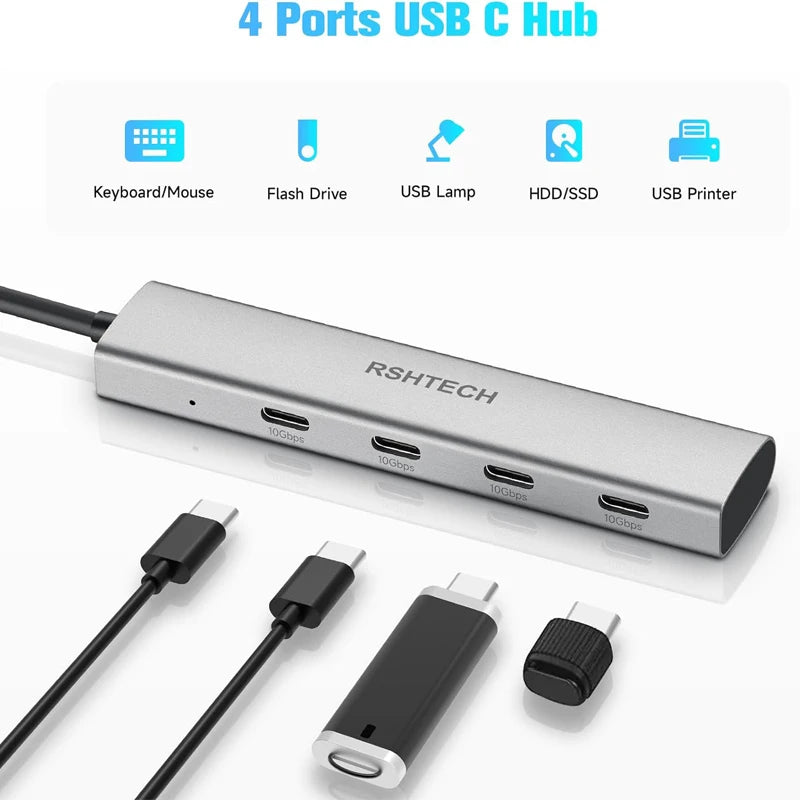 USB C Hub 4 Port Aluminum Gen2 Data Dongle Portable