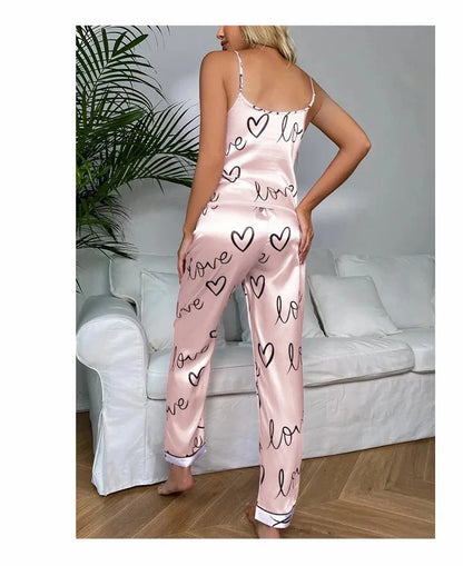 Women Satin Silk Pajamas Sets Letter Print Cami Vest Shirt With Trouser Sleepwear Ladie Sexy Pajama Lingerie Pyjamas Nightwear - Smarsty