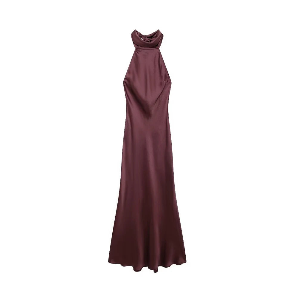 TRZA-Women's Long Satin Halter Dress, Backless, Bow Tied, Back Zipper, Female Dresses, Sexy Fashion - Smarsty