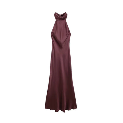 TRZA-Women's Long Satin Halter Dress, Backless, Bow Tied, Back Zipper, Female Dresses, Sexy Fashion - Smarsty