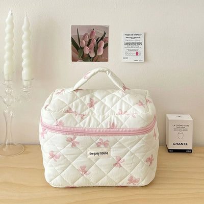 Cute Bow Flower Quilted Cotton Makeup Bag With Zipper - Smarsty