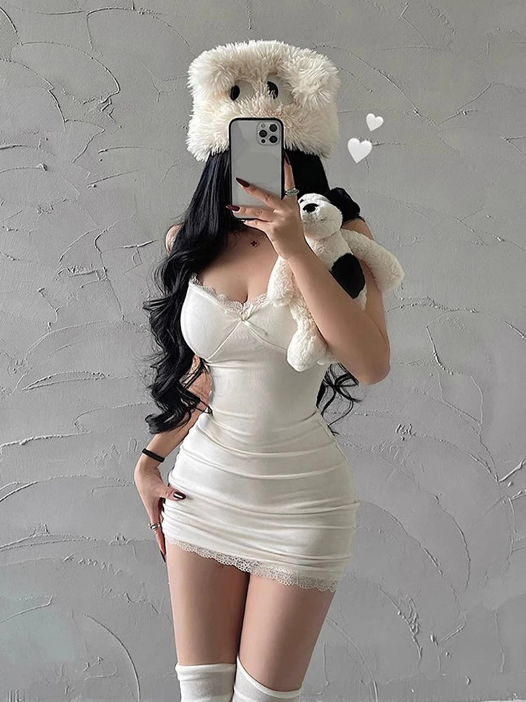 Y2K Retro Lace Patchwork Spaghetti Strap Black Bodycon Dress Mini Fashion Aesthetic Bow Club Party Sexy Dresses for Women - Smarsty