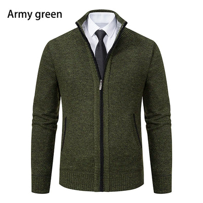Autumn And Winter New Jersey Men's Casual Sports Coat Solid Color Stand Collar Wweater Grab Fleece Warm Zipper Cardigan - Smarsty