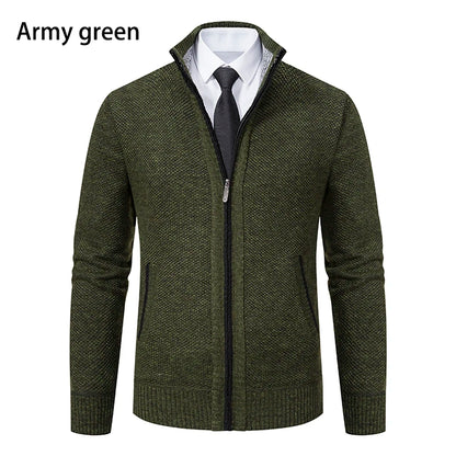 Autumn And Winter New Jersey Men's Casual Sports Coat Solid Color Stand Collar Wweater Grab Fleece Warm Zipper Cardigan - Smarsty