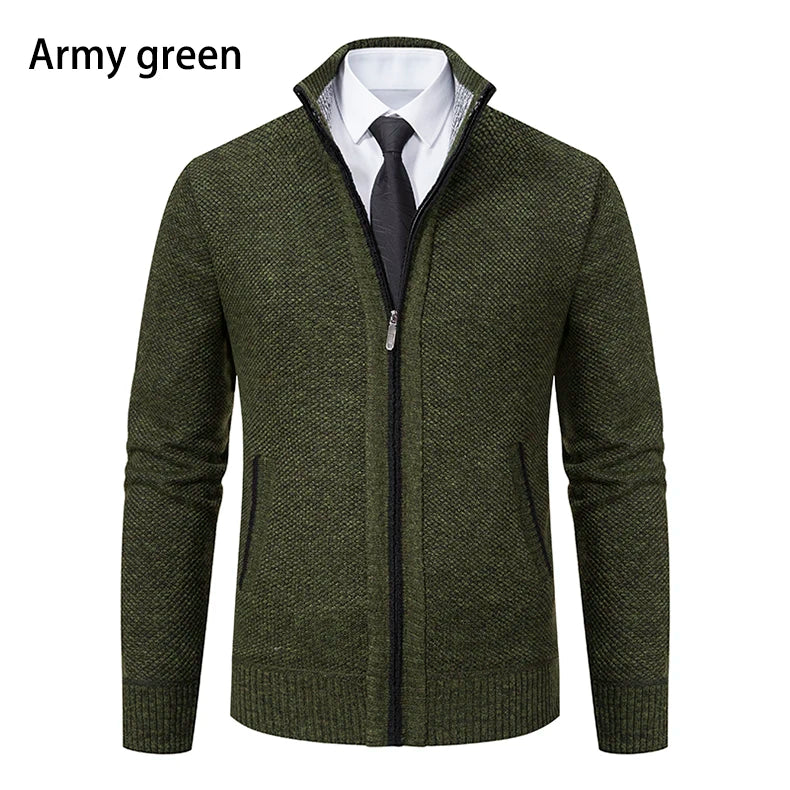 Autumn And Winter New Jersey Men's Casual Sports Coat Solid Color Stand Collar Wweater Grab Fleece Warm Zipper Cardigan - Smarsty