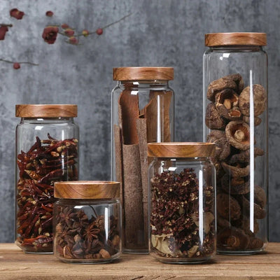 1pcs Wood Lid Orgnizer Glass Airtight Canister Kitchen Storage Bottles Jar Sealed Food Container Ginger Cereal Dispenser Set by Smarsty