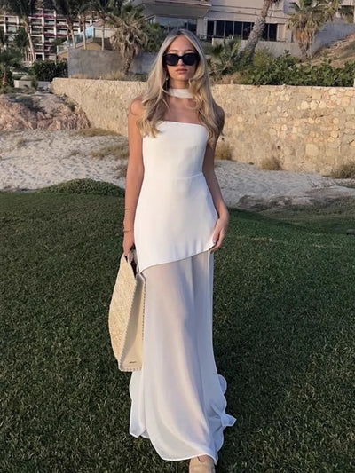 TARUXY Fashion Strapless Dress With Ribbon Female Elegant Sleeveless Mesh Beach Vacation Long Dress 2025 Spring New Women Dress - Smarsty