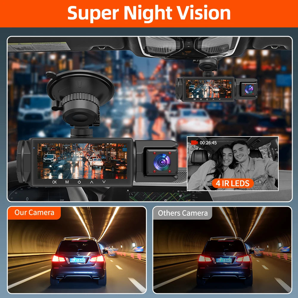 1080P 3 Camera Dash Cam Front and Rear Night Vision - Smarsty