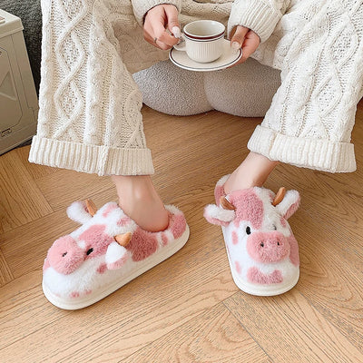 Casual Fluffy Slippers Women House Cute Cartoon Cow Designer Shoes Girl Flat Fashion Elegant Plush Winter Platform Footwear Home - Smarsty