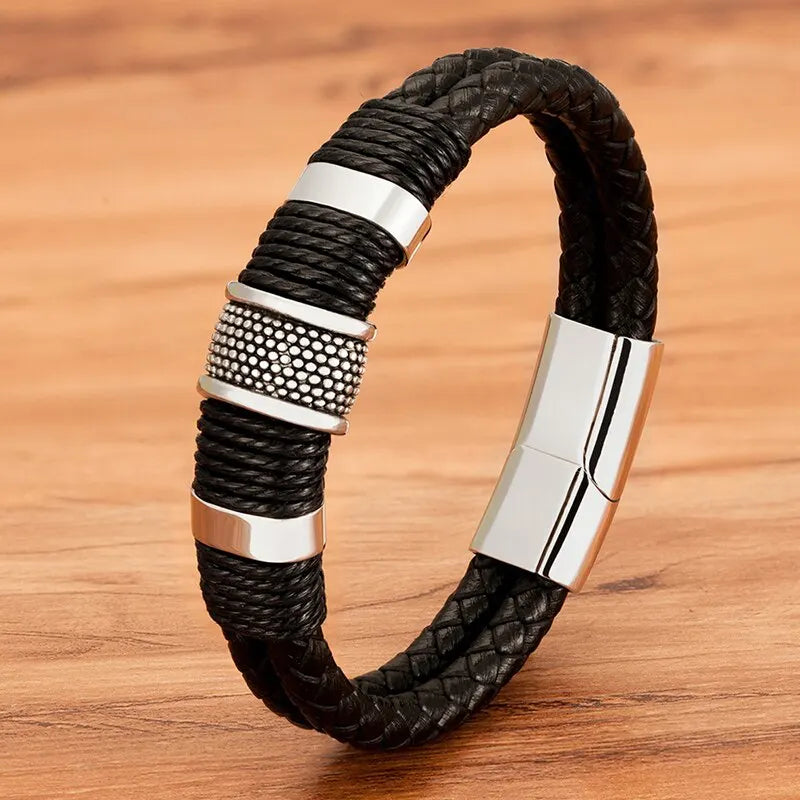 Vintage Woven Leather Wrap Bracelets For Men Durable Stainless Steel Wristbands - Smarsty