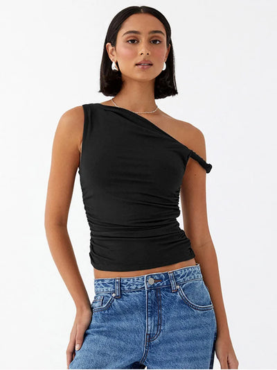 Simple Basic Casual Summer Tank Top Sleeveless Solid Color Off Shoulder Side Ruched Crop Tops Vestidos Spring Women T S - Smarsty