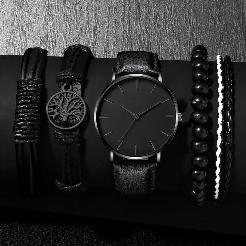 Luxury Leather Men's Sports Watch Set with Quartz Movement - Smarsty