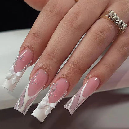 Pink Bowknot Stiletto Press On Nails 24PCS Full Cover - Smarsty
