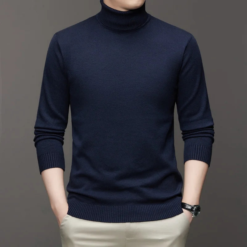 Autumn Mens High Quality Knitted Turtleneck Sweater Slim Fit Long Sleeve Anti-pilling Pullover Solid Color Trend Men Streetwea - Smarsty