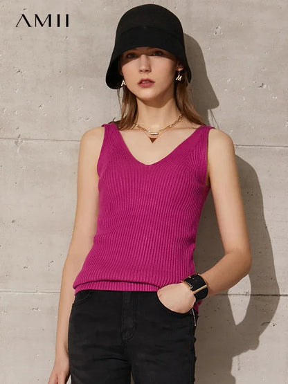 Amii Minimalism Summer New Women's Camisole Tops Office Lady Solid V-neck Sexy Slim Vest Girls Tank Streetwear Tops 12321058