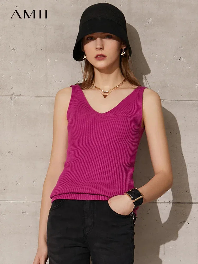 Amii Minimalism Summer New Women's Camisole Tops Office Lady Solid V-neck Sexy Slim Vest Girls Tank Streetwear Tops 12321058