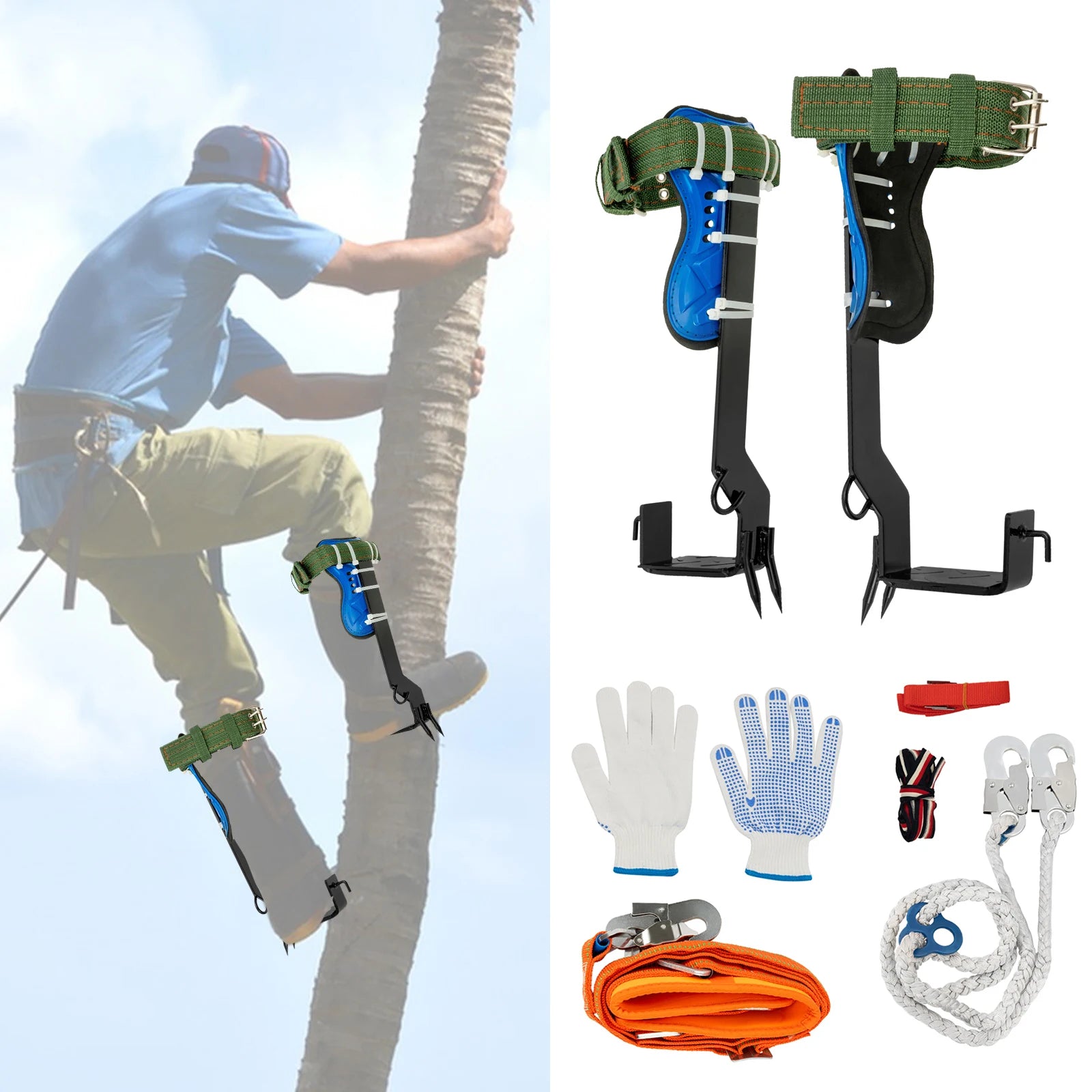 Tree Climbing Tools with Safety Belt 2M Rope 45# Steel Wide Foot Pedal Comfortable Kit for Fruit Picking, Jungle Survival, Black