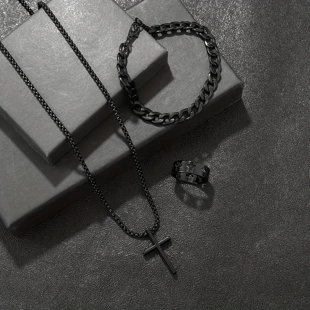 Men's 3 Piece Alloy Jewelry Set with Cross Pendant - Smarsty