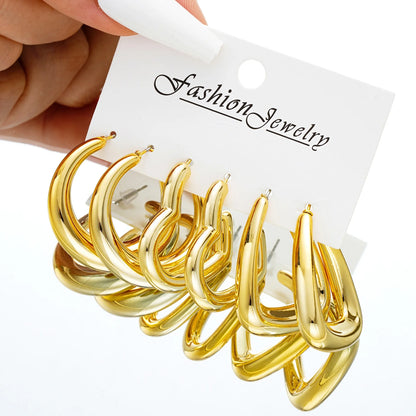Chunky Gold Plated Hoop Earrings Set for Women - Smarsty