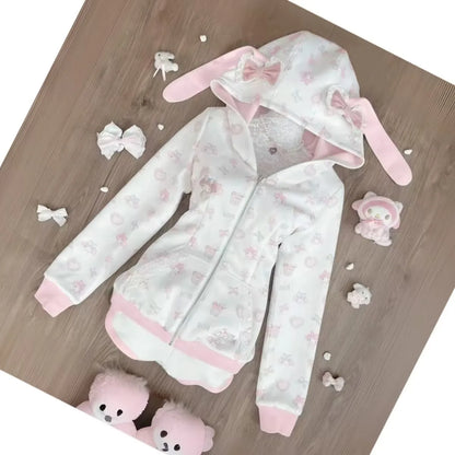 Harajuku Japanese Kawaii Sweatshirts Cartoon Rabbit Print Hoodie Y2k Pink Subculture Bow Zip Up Hoodie Women Slim Anime Hoodie