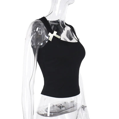 Y2K Women'S Bow Tie-Up Tank Tops Wide Shoulder Straps Bandage Camisole Sexy Low Cut Crop Tops Female Vest Tops