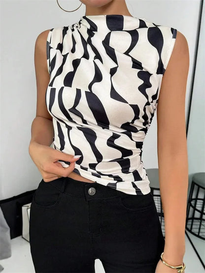 Fashion Casual Mock Neck Ruched Tank Top for Women Summer 2024 Solid Color Pleated Sleeveless Tee Shirt Tshirt Streetwear Y2K