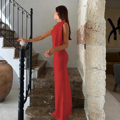 Hugcitar Fashion Solid O Neck Sleeveless Patchwork Sexy Bodycon Maxi Prom Dress Summer Women Clothes Party Festival Club Y2K - Smarsty