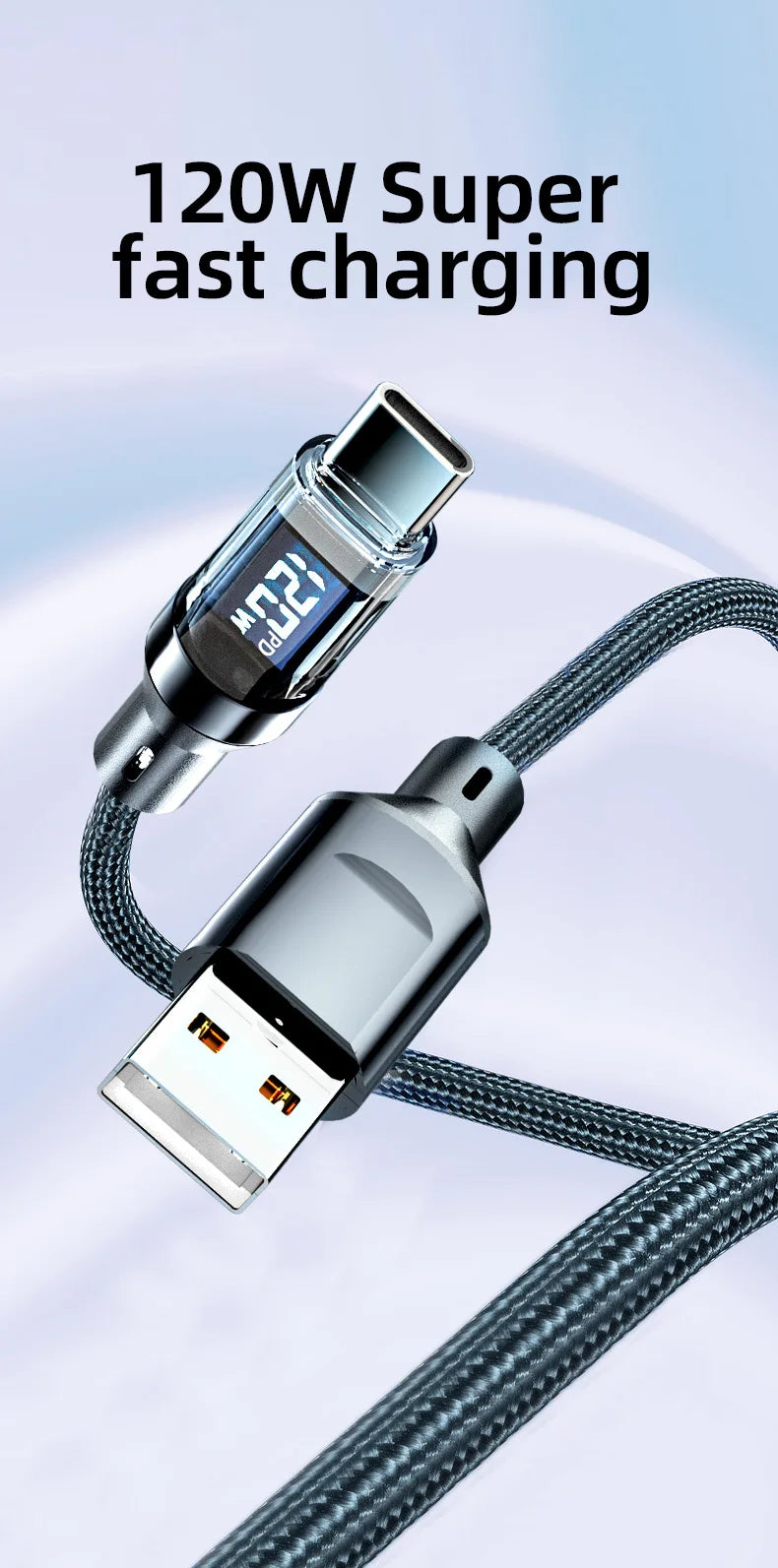 OOZCC LCD Watt Display Cable, Max 120W Super Fast Charging USB Type C Cable Data Transfer, USB A to Lightning for IPhone14 Pro - Smarsty