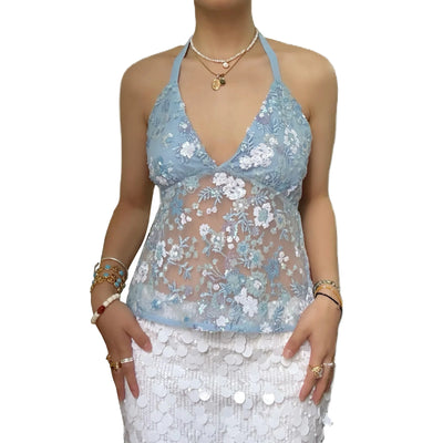 Sexy Deep V Neck Beach Tank Tops Women y2k Coquette Summer Sequins Patchwork Sleeveless Vest Vacation Backless Beach Tops - Smarsty
