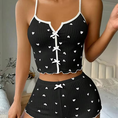 Sexy Sleepwear Women Pajamas Set Heart Print Silk Stain V-Neck Sleeveless Casual Cami Top and Shorts Sets Home Suit Loungewear - Smarsty