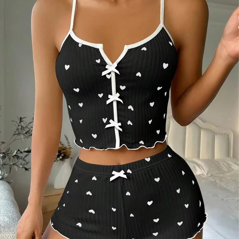 Sexy Sleepwear Women Pajamas Set Heart Print Silk Stain V-Neck Sleeveless Casual Cami Top and Shorts Sets Home Suit Loungewear - Smarsty