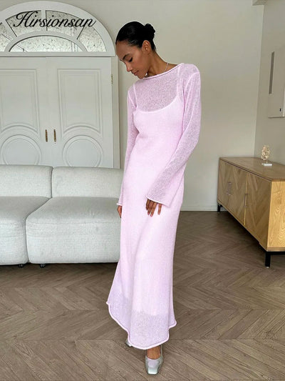 Hirsionsan Spring Autumn O-Neck Elastic Knit Long Dresses Women 2024 Elegant Chic Soft Lady Hollowing Sweater Dresses Femme New - Smarsty