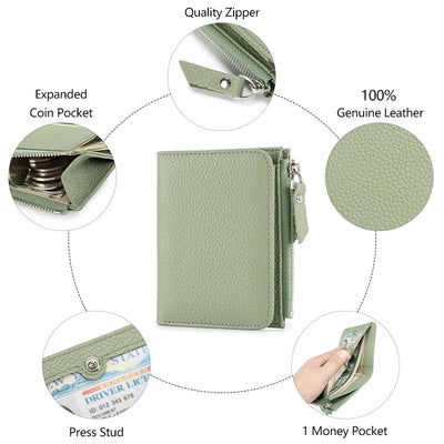 Women Genuine Leather Slim Short Wallet RFID Blocking Bi-Fold Wallet Credit Card Holder money clip wallet Zipper Coin pocket - Smarsty