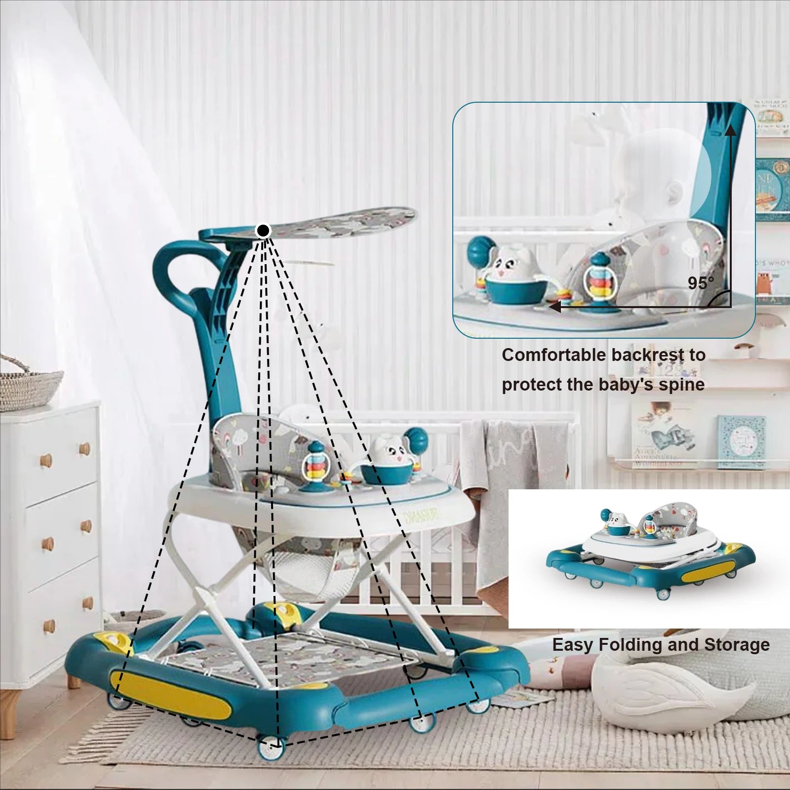 Baby Multi-Functional Comfortable Walker With Awning Anti-Rollover Baby Walker Can Sit Adjust And Shake The Walker For Boy Girls