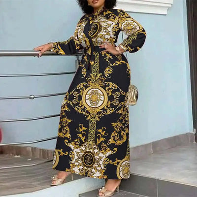 VONDA Maxi Dress 2024 Summer Women Bohemian Printed Party Sundress Long Sleeve Stand Collar Casual Robe Holiday Vestidos Belted - Smarsty