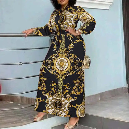 VONDA Maxi Dress 2024 Summer Women Bohemian Printed Party Sundress Long Sleeve Stand Collar Casual Robe Holiday Vestidos Belted - Smarsty