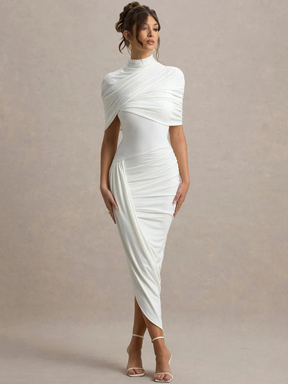 Mozision Half Sleeve Backless Ruched Sexy Maxi Dress Women Summer New Turtleneck Slim High Waist Evening Club Party Long Dress